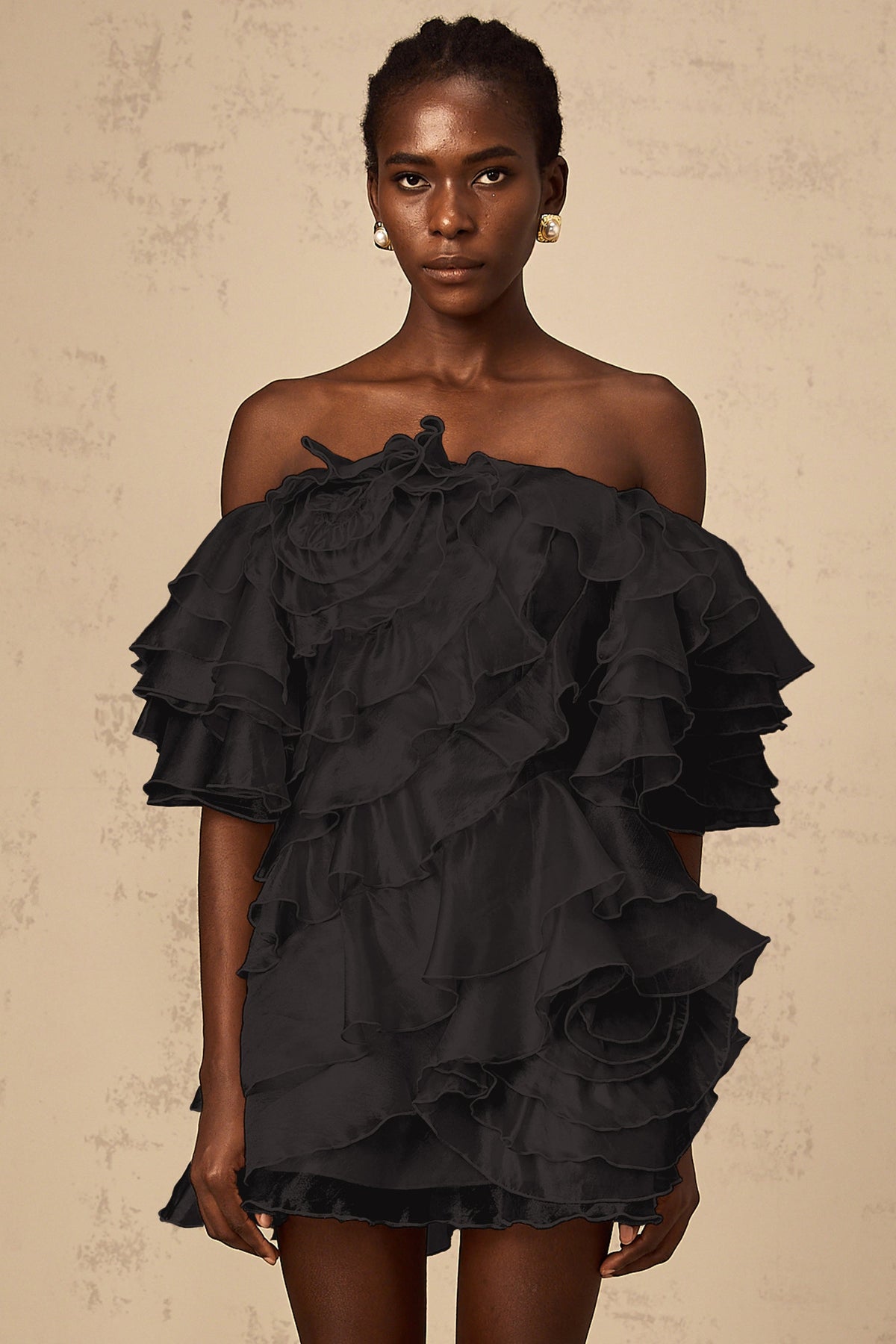 Cerise Asymmetrical Flounce Mini Dress in Black
