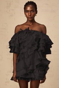 Cerise Asymmetrical Flounce Mini Dress in Black