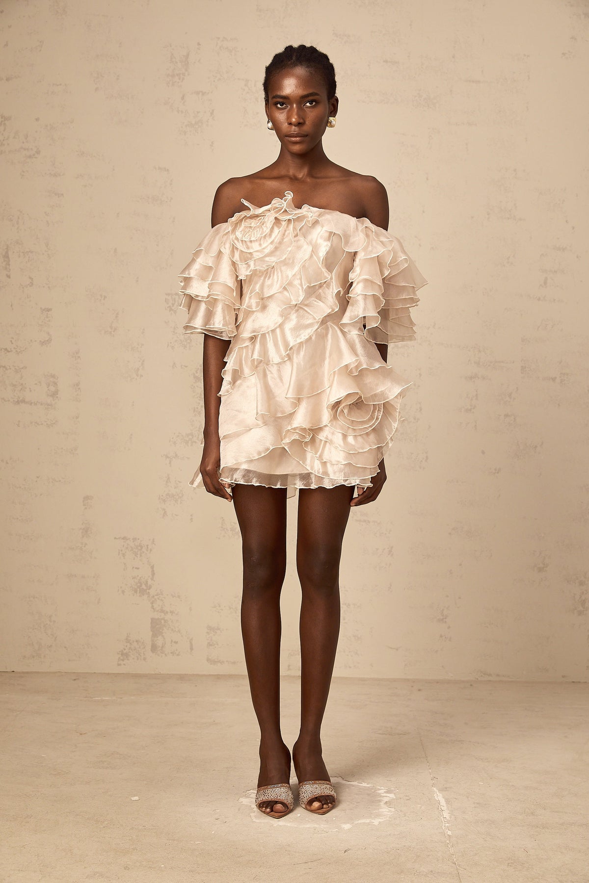Cerise asymmetrical flounce mini dress in Neutrals