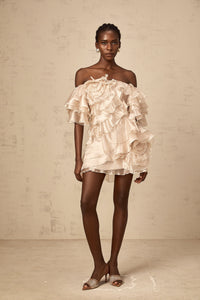 Cerise asymmetrical flounce mini dress in Neutrals