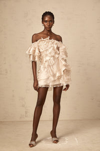Cerise asymmetrical flounce mini dress in Neutrals