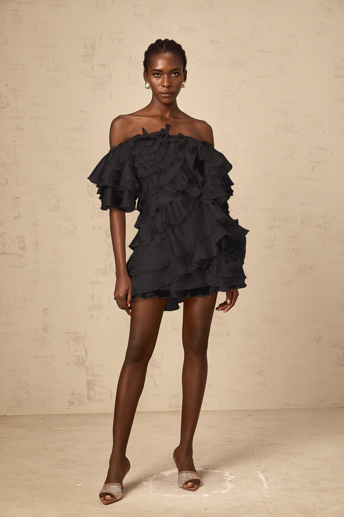 Cerise Asymmetrical Flounce Mini Dress in Black