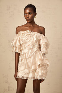 Cerise asymmetrical flounce mini dress in Neutrals