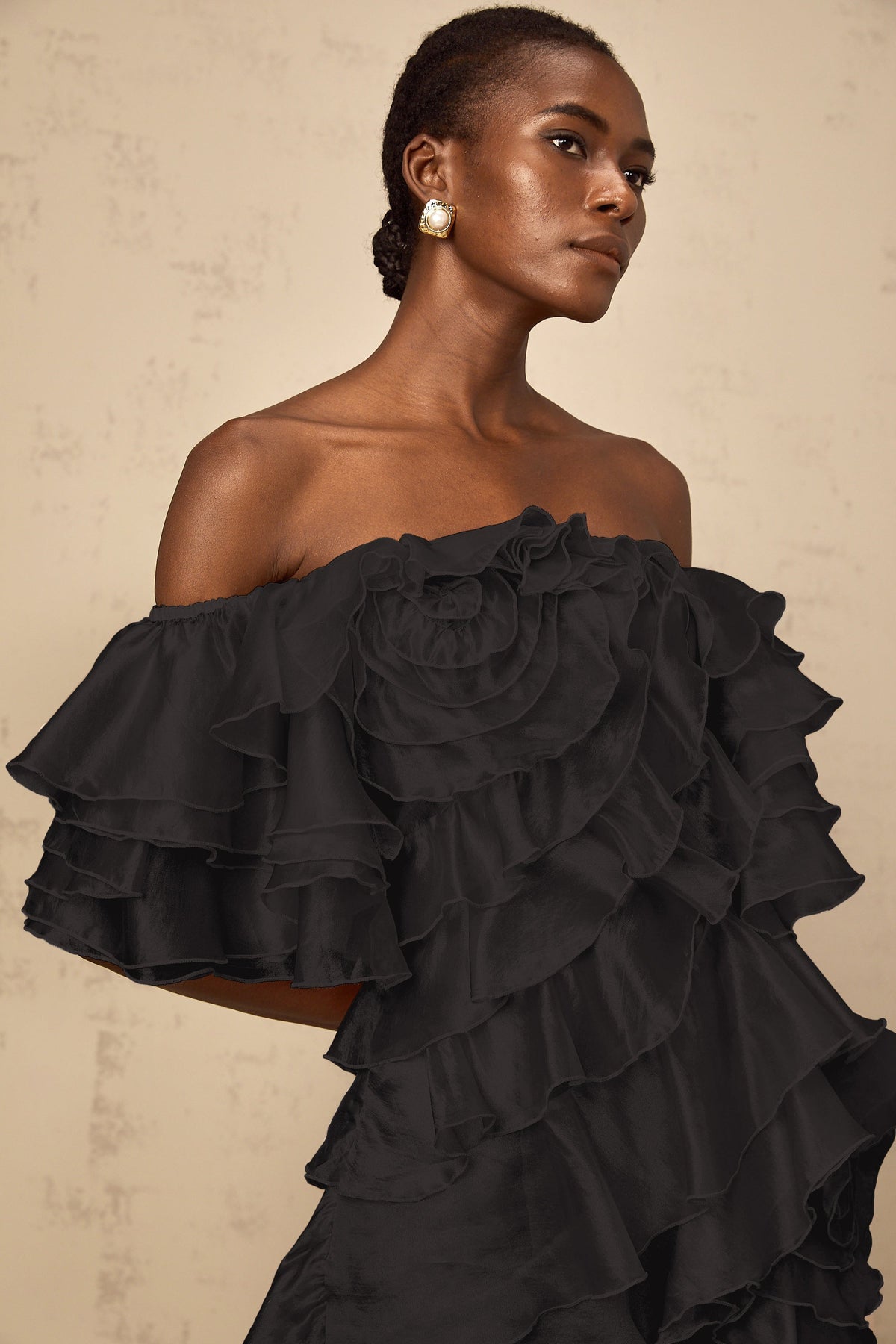 Cerise Asymmetrical Flounce Mini Dress in Black