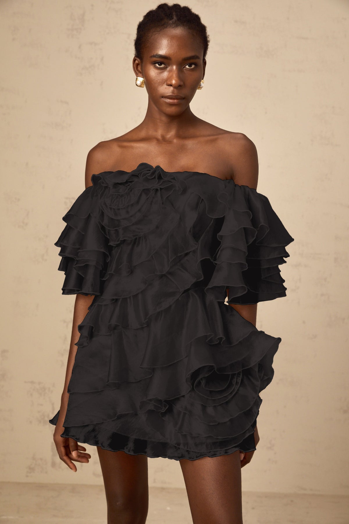 Cerise Asymmetrical Flounce Mini Dress in Black