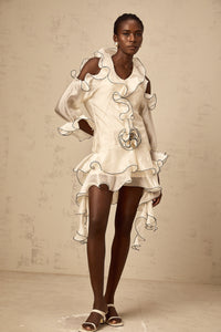 Tiphaine white ribbon-detail flounce mini dress