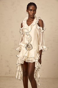 Tiphaine white ribbon-detail flounce mini dress