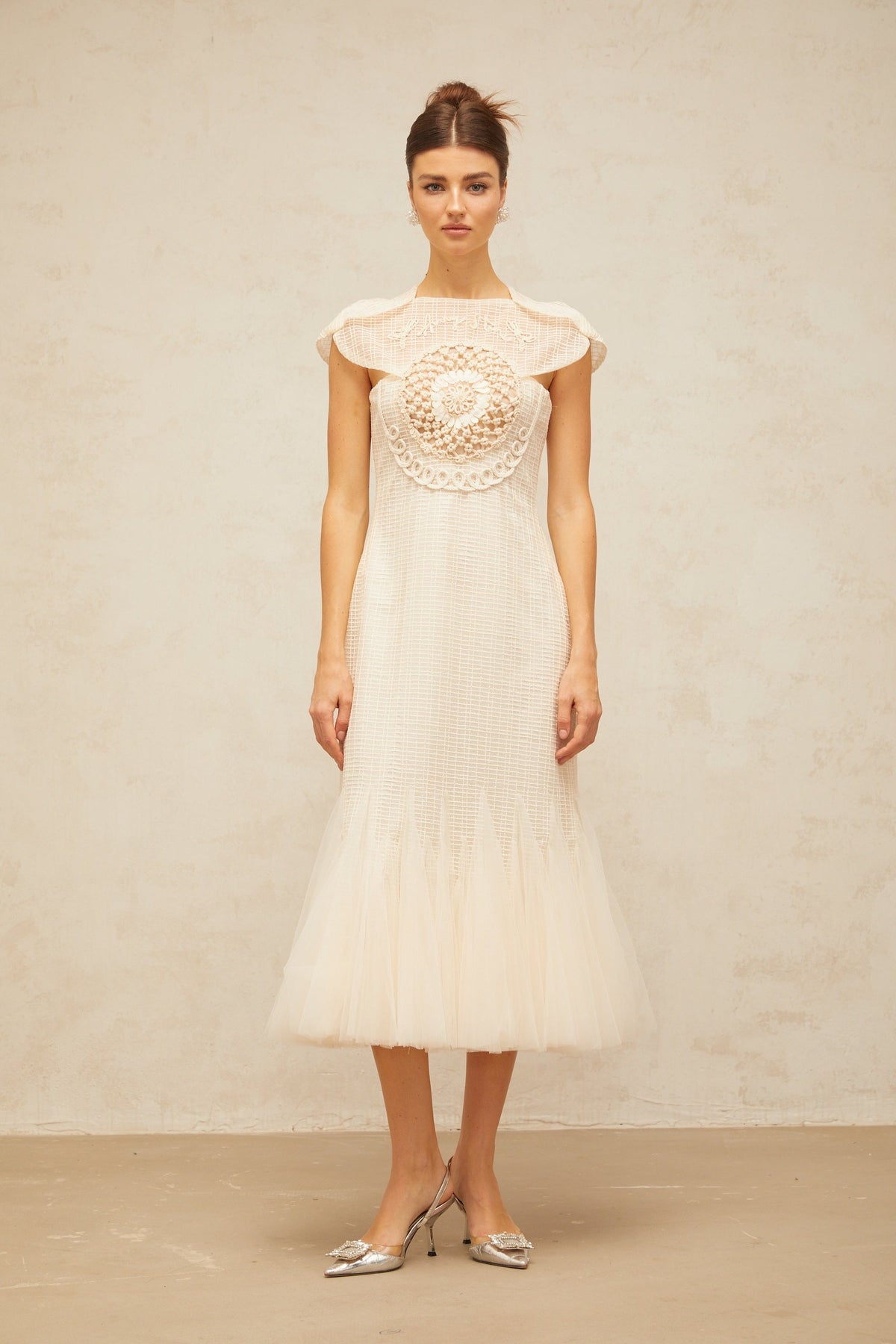 Bérengère white jacquard tulle-panel midi dress