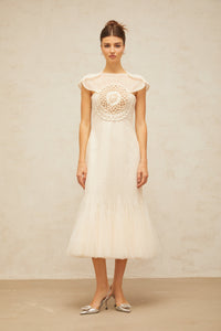 Bérengère white jacquard tulle-panel midi dress