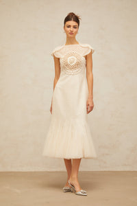 Bérengère white jacquard tulle-panel midi dress