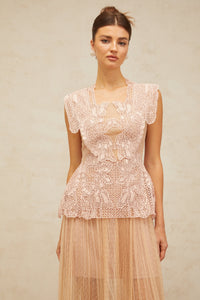Céleste floral-lace-panelling tulle midi dress in Pink