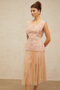 Céleste floral-lace-panelling tulle midi dress in Pink