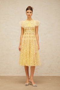 Véronique yellow embroidered-lace pleated midi dress