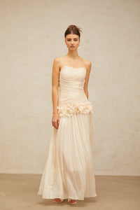 Céleste neutrals ruffled pleated maxi dress
