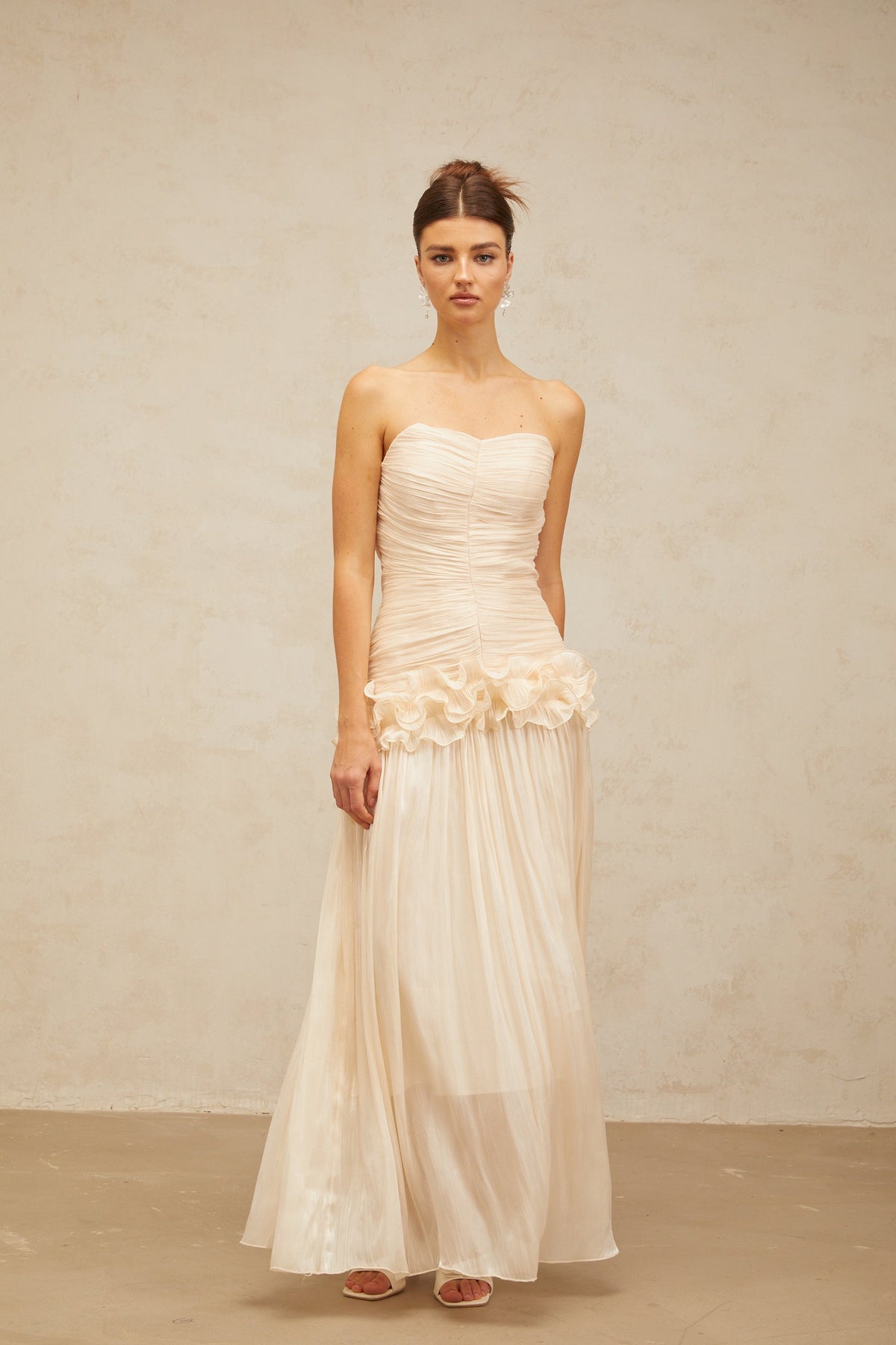 Céleste neutrals ruffled pleated maxi dress