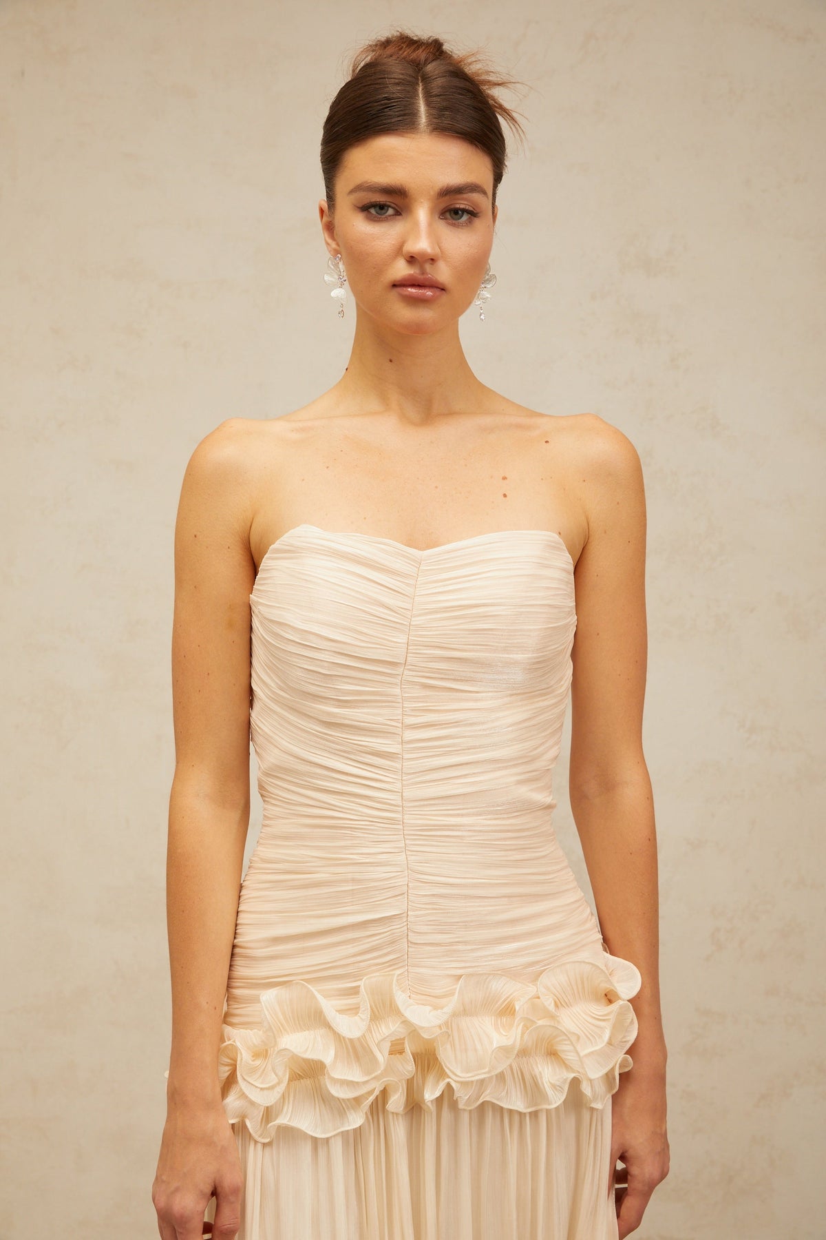 Céleste neutrals ruffled pleated maxi dress