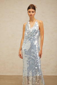 Babette blue halterneck sequined midi dress