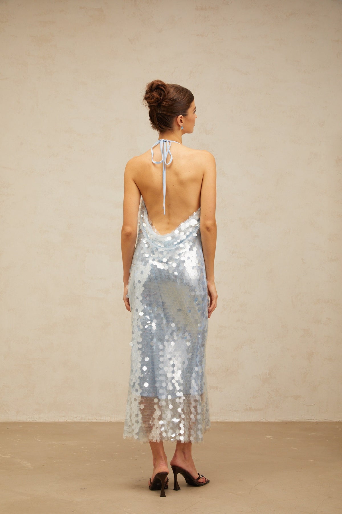 Babette blue halterneck sequined midi dress