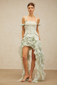 Patricia green floral-appliqué asymmetrical ruffled mini dress