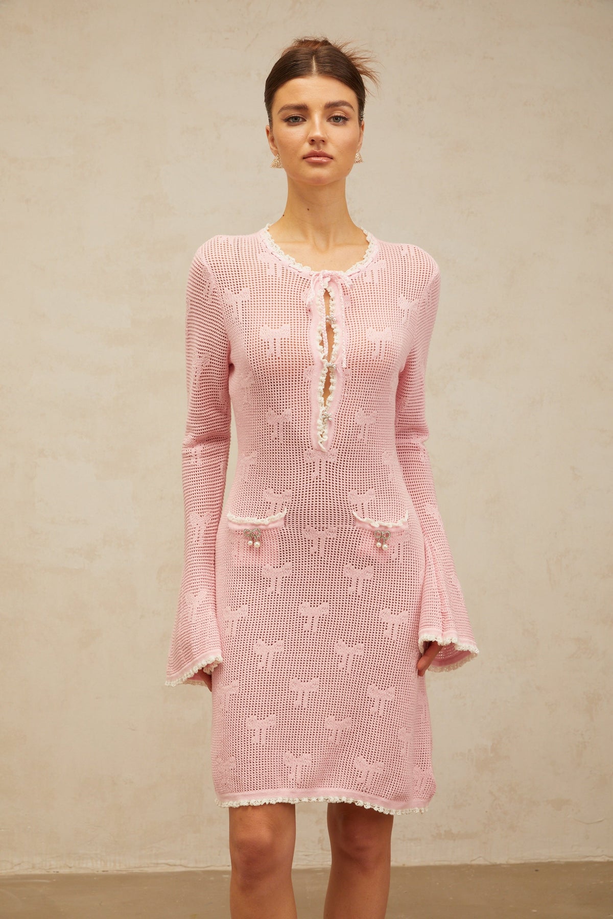 Marjolaine pink embellished crochet-knit mini dress