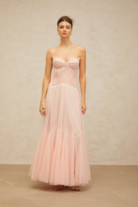 Ulrique Pink Lace Corset Tulle Maxi Dress