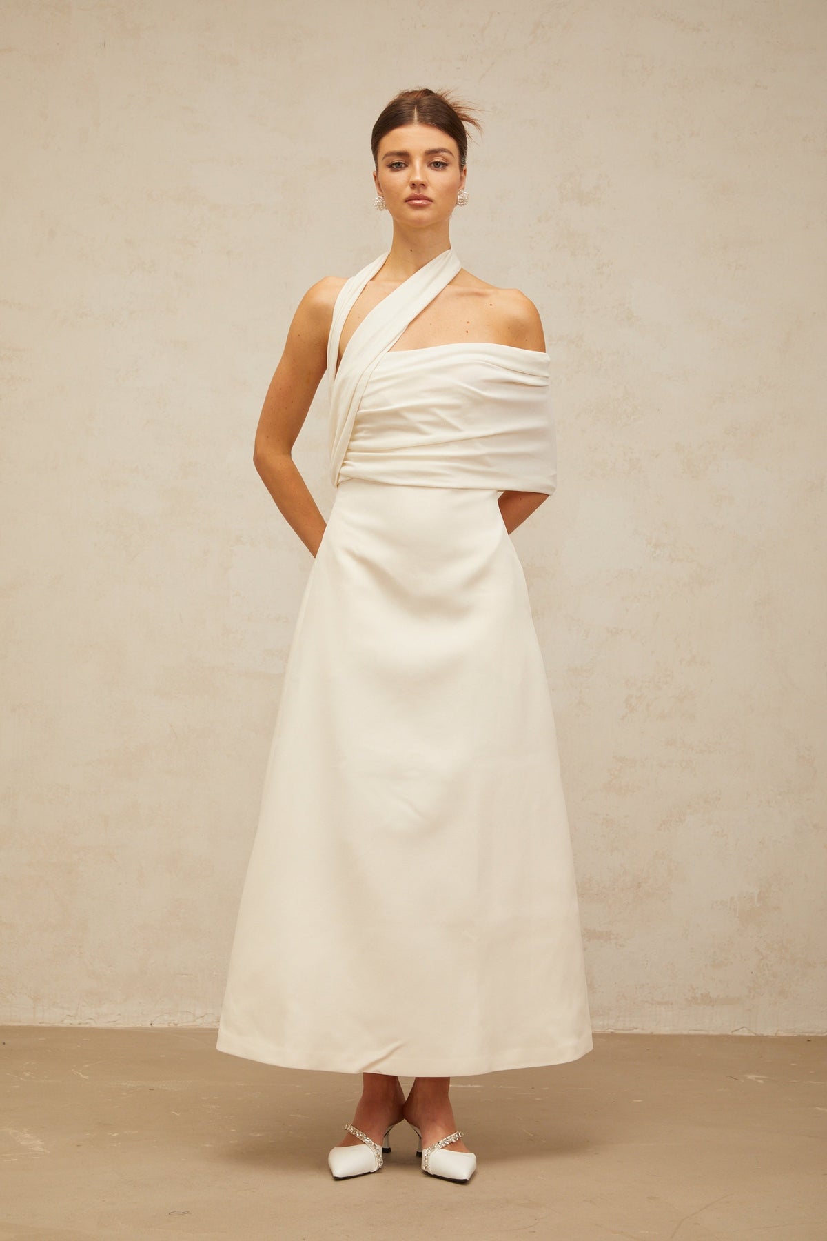Solène cream-white asymmetrical midi dress