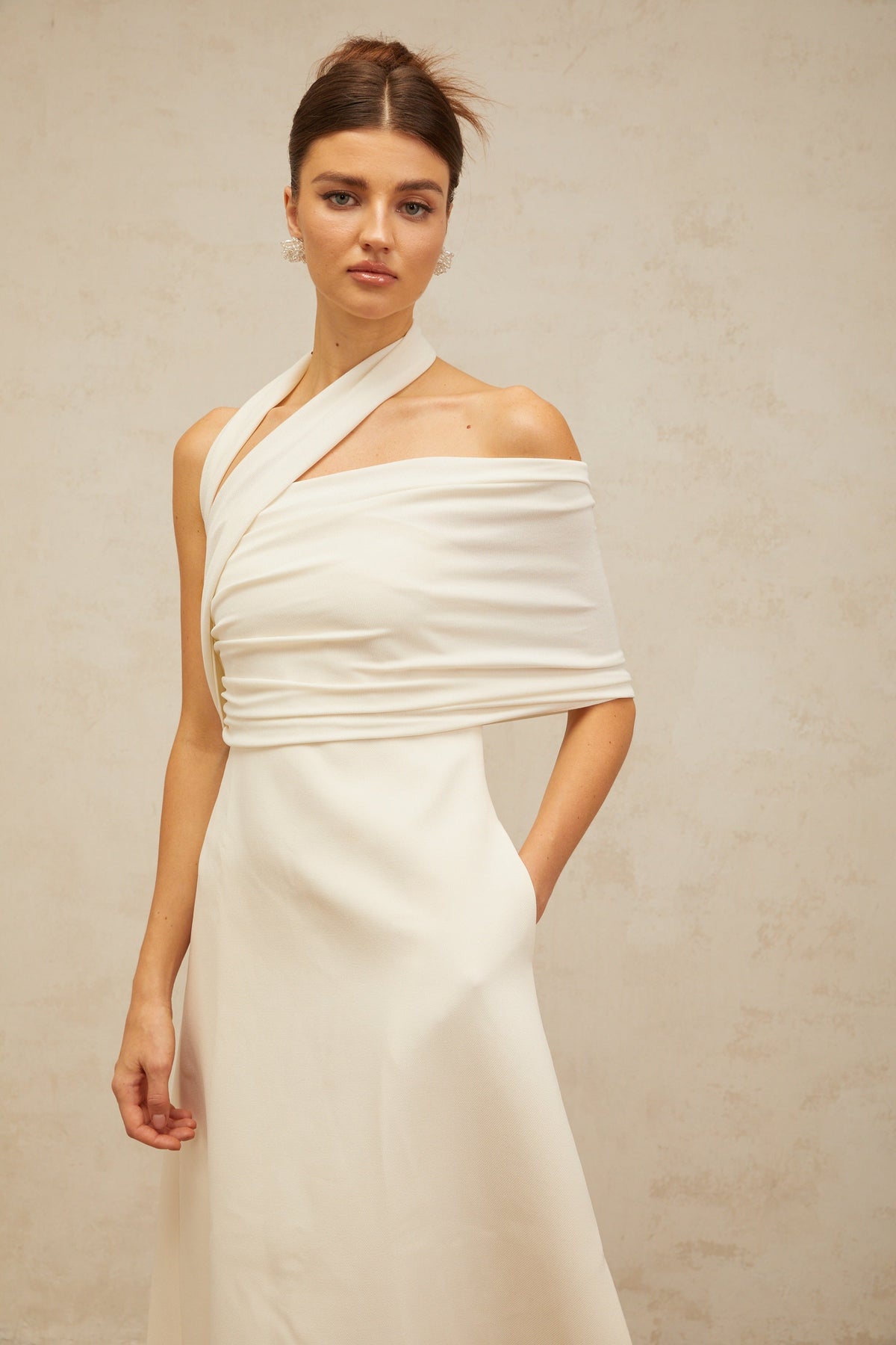 Solène cream-white asymmetrical midi dress