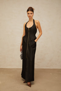 Adrienne black denim front-slit contrast-stitching maxi dress