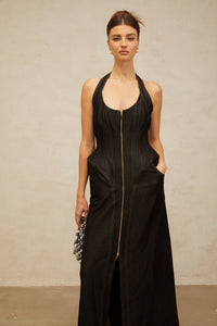 Adrienne black denim front-slit contrast-stitching maxi dress