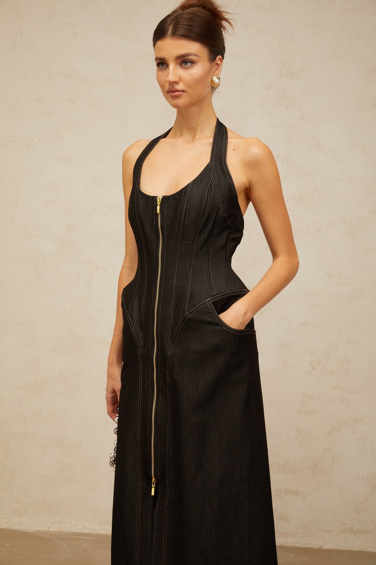 Adrienne black denim front-slit contrast-stitching maxi dress