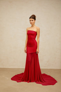 Josiane red off-shoulder sheer tulle maxi dress