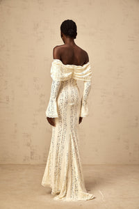Émeline floral lace train-design maxi dress in Neutrals