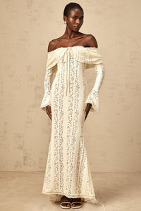 Émeline floral lace train-design maxi dress in Neutrals