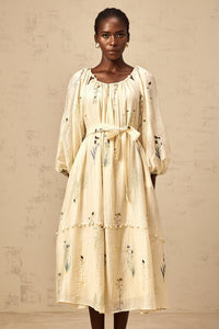 Uranie beige flower-embroidered beaded midi dress