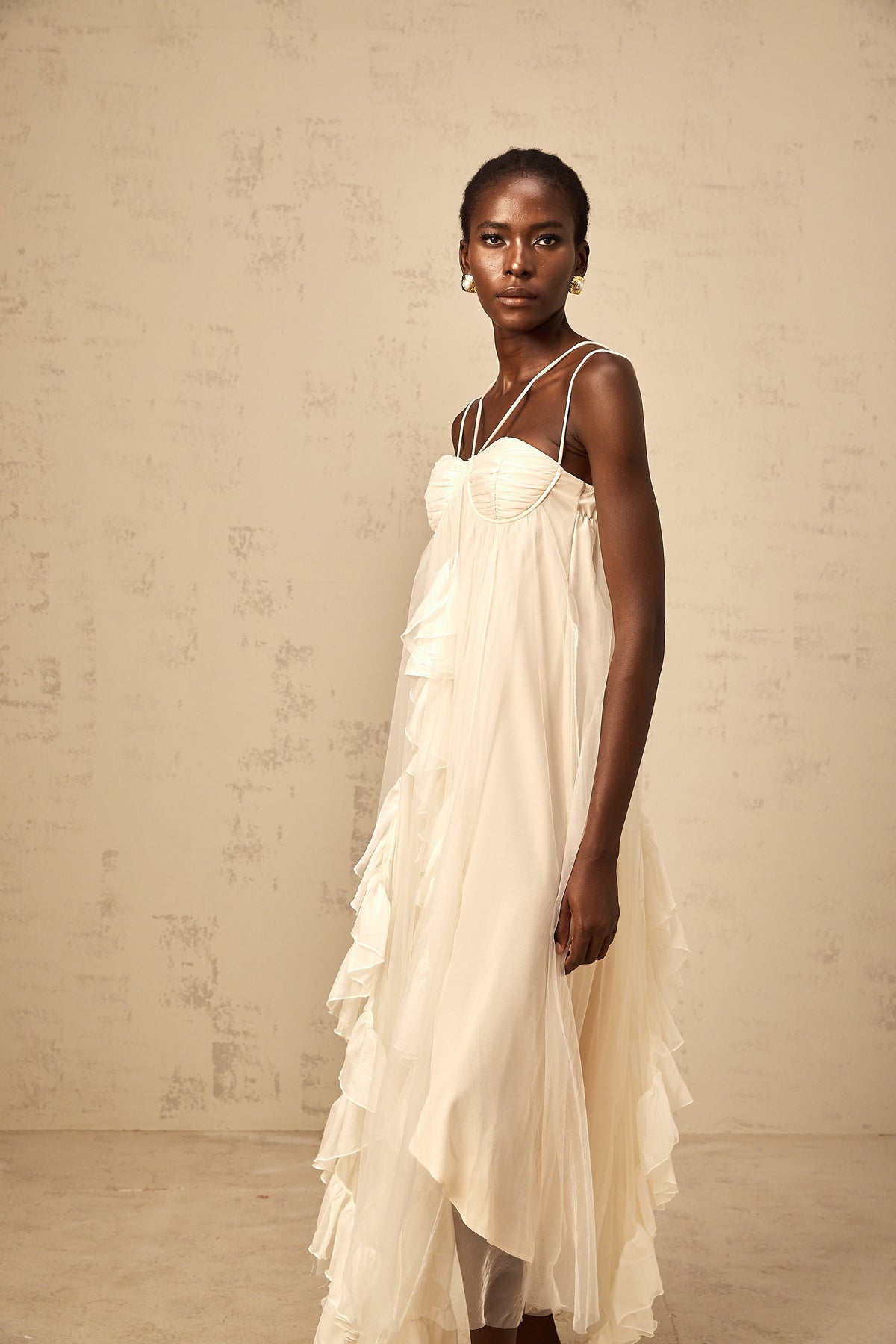 Colette layered ruffled tulle maxi dress in Neutrals