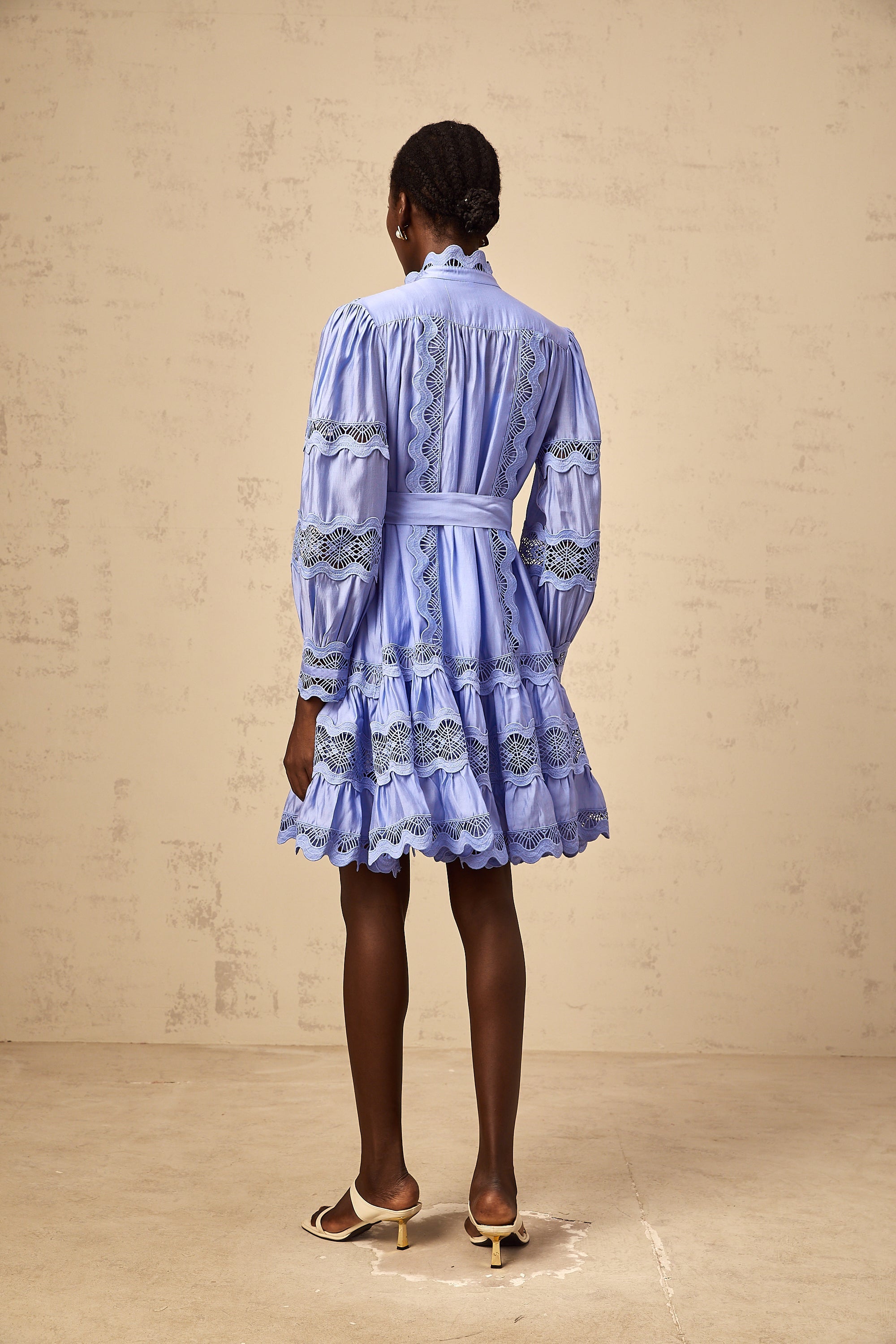 Poema blue cut-out motif-embroidered tiered mini dress