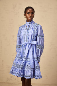 Poema blue cut-out motif-embroidered tiered mini dress