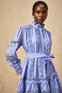 Poema blue cut-out motif-embroidered tiered mini dress