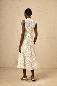 Edelie beige floral-lace flared midi dress