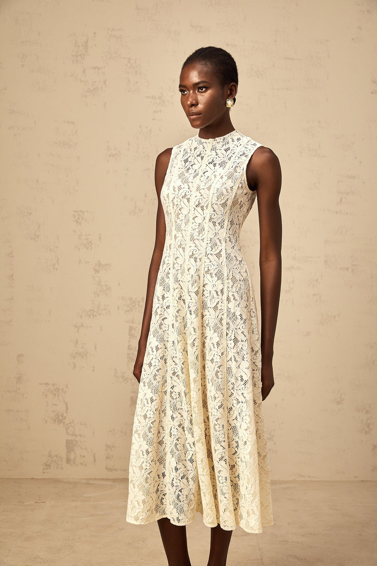 Edelie beige floral-lace flared midi dress