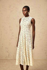 Edelie beige floral-lace flared midi dress