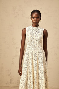 Edelie beige floral-lace flared midi dress