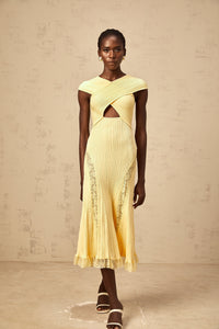 Airelle yellow lace-panelled rib-knit midi dress