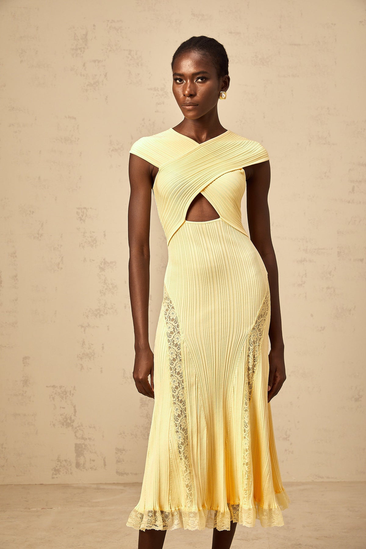 Airelle yellow lace-panelled rib-knit midi dress
