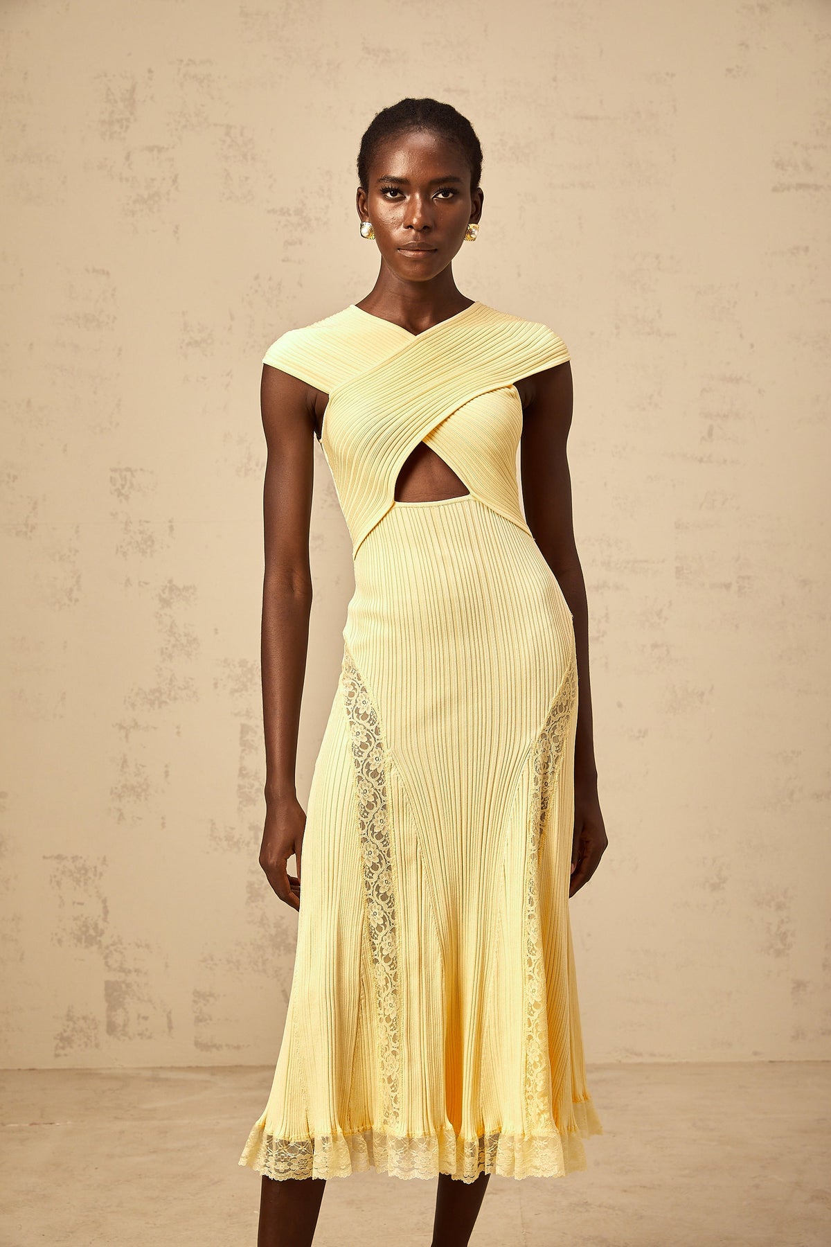 Airelle yellow lace-panelled rib-knit midi dress