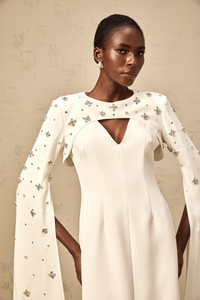 Fanny White Extra-long-sleeve Embellished Gown