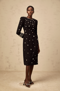 Gaëlle black dart-detail embellished midi dress