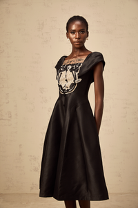 Ulrique black floral-appliqué satin midi dress