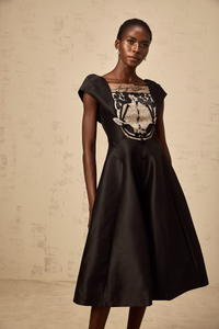 Ulrique black floral-appliqué satin midi dress