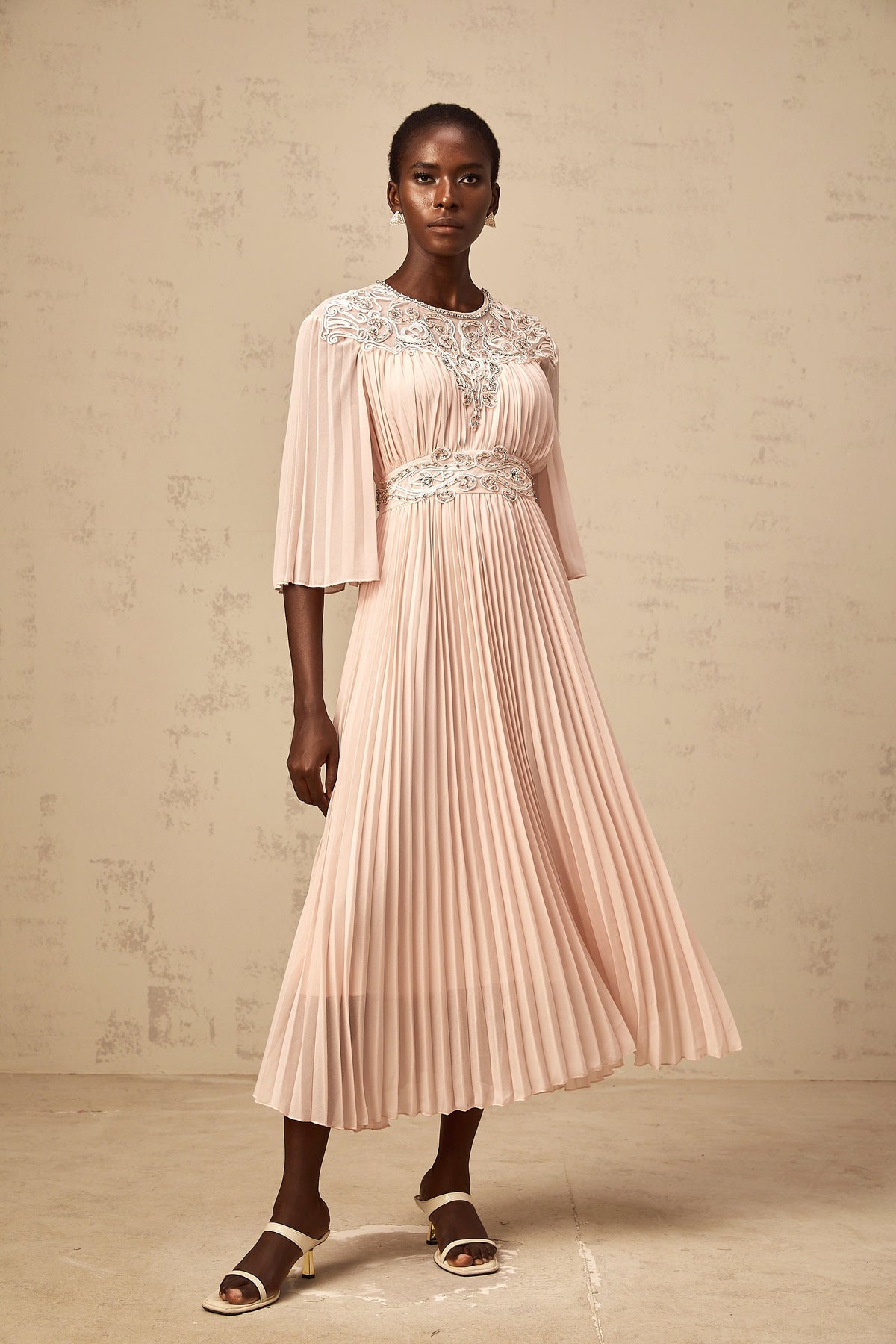 Théa pink crystal full-pleat midi dress